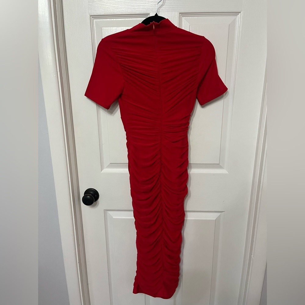 Mock neck ruched‎ back zip maxi dress short sleeve red size small - Picture 4 of 7